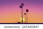 Summer sunset Palm Tree Silhouette, retro car, Airplane. Los Angeles, California, Hollywood. Perfect for social media, banner, poster, newsletter, ads, leaflet, placards, brochure, wallpaper, t-shirt