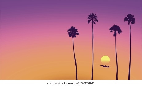 Pôr do sol de verão com Palm Tree Silhouette e avião. Los Angeles, Califórnia, Hollywood. Perfeito para mídias sociais, banner, cartaz, newsletter, anúncios, folheto, cartazes, folheto, papel de parede e camiseta