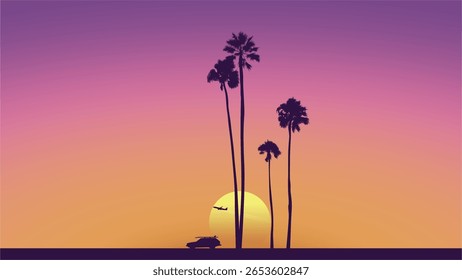 Summer sunset Palm Tree Silhouette, retro car, Airplane. Los Angeles, California, Hollywood. Perfect for social media, banner, poster, newsletter, ads, leaflet, placards, brochure, wallpaper, t-shirt