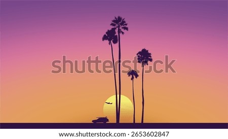 Summer sunset Palm Tree Silhouette, retro car, Airplane. Los Angeles, California, Hollywood. Perfect for social media, banner, poster, newsletter, ads, leaflet, placards, brochure, wallpaper, t-shirt