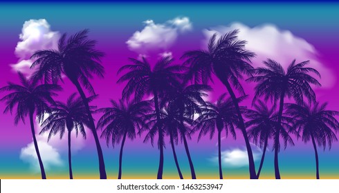 Summer sunset palm trees. Beatiful tropical, exotic wit clouds in sky.Vector illustration. EPS 10 