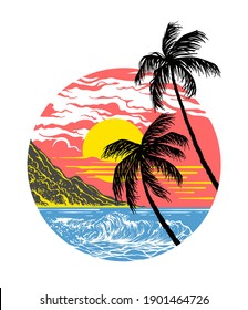 summer sunset with palm trees hand drawn illustration