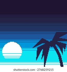 Summer Sunset with Palmtree in Blue Color Tone, Pixel Art Background