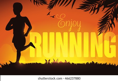 Summer sunset, in a park with a man running, birds and palm leaves in silhouettes with greeting text.