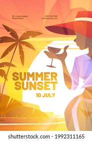 Summer sunset poster with silhouette of woman in hat with cocktail on background of sun. Vector invitation flyer of beach party with cartoon illustration of girl with drink on sea coast and palm trees