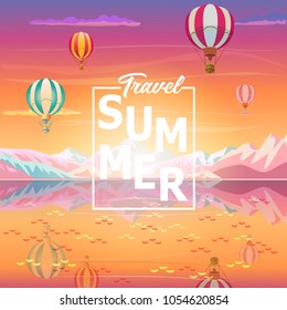 Summer sunset poster Tropical sea beach, reflection mountains, air hot balloons, sky, airplane, exotic paradise landscape, Adventure, Traveling, Voyage, Camping, outdoor recreation, california, hawaii