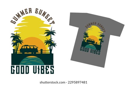 Summer sunset retro design logo that says summer sunset and good vibes for t-shirt printing