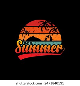Summer sunset retro vintage t-shirt logo summer mountain beach Pro Vector