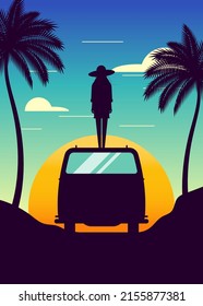 Summer sunset scenery with a woman stand on the top of a car and dramatic sky background, vector illustration
