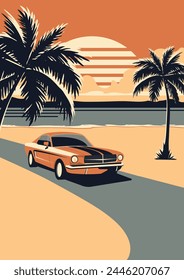 Atardecer de verano en el mar con el coche en estilo retro. Diseño plano para invitaciones de fiestas en la playa, pósters, volantes para promociones. Vector