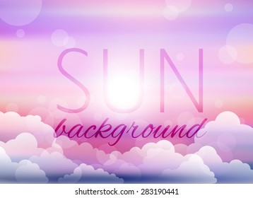 Summer sunset sky background with clouds, sun and bokeh