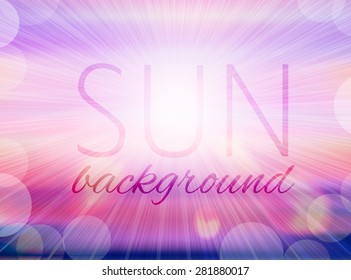 Summer sunset sky background with sun rays and bokeh