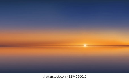 Summer Sunset Sky by the Sea with reflection,Sunrise with Orange,Yellow,Blue Sky,Nature Landscape Golden Hour with twilight  dusk Sky in Evening after Sun Dawn,Vector Horizontal Banner Sunlight 