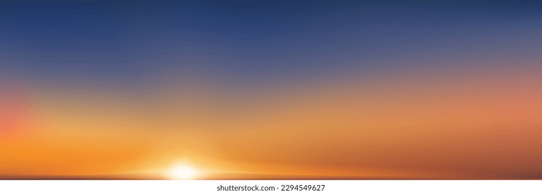 SommersonnensSonnenunterSonnenuntergang am Meer mit Reflexion, Sonnenaufgang mit Orange, Gelb, Blauer Himmel, Naturlandschaft Goldene Stunde mit Dämmerdusk Himmel am Abend nach Sonnendämmerung, Vektorhorizontaler Banner Sonnenlicht 