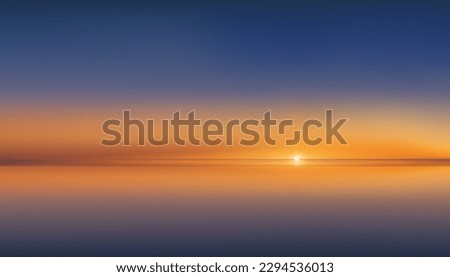 Summer Sunset Sky by the Sea with reflection,Sunrise with Orange,Yellow,Blue Sky,Nature Landscape Golden Hour with twilight  dusk Sky in Evening after Sun Dawn,Vector Horizontal Banner Sunlight 