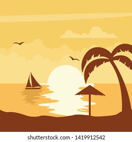 Summer sunset with sun on the beach with sailboat