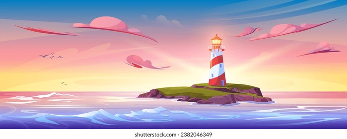 Sommersonnenuntergang oder Sonnenaufgang Cartoon Landschaft mit Leuchtturm an der felsigen Küste der Insel im Meer oder Meer, gelb und rosa Farbverlauf-Himmel. Panoramabild mit Leuchtturm auf der Klippe.