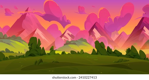 Summer sunset or sunrise natural landscape with green grass, bushes and trees on meadow in foot of high mountains under pink evening or morning sky. Cartoon vector scenery with grassland near hills.