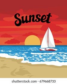Summer sunset or sunrise on the sea, scenic beautiful view. Night sandy beach, surf, waves, tropical vacation vector illustration.