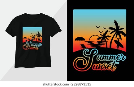 Summer Sunset - Summer Surfing t-shirt design concept. all designs are colorful and created using Surfboard, beach, summer, sea, etc
