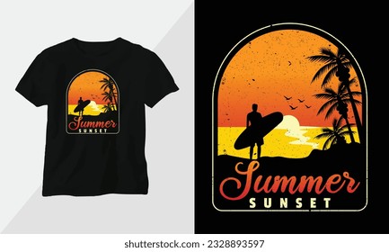 Summer Sunset - Summer Surfing t-shirt design concept. all designs are colorful and created using Surfboard, beach, summer, sea, etc
