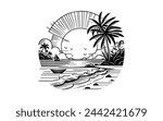 Summer sunset tropical beach line art vector illustration, hand drawn sunset and sunrise outline landscape tropical beach, palm tree with sunset waves Nature view,