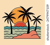 Summer sunset tropical beach line art vector illustration, hand drawn sunset and sunrise outline landscape tropical beach, palm tree with sunset waves Nature