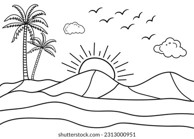 Summer sunset tropical beach line art vector illustration, hand drawn sunset and sunrise outline landscape tropical beach, palm tree with sunset waves Nature view, Kids drawing Beach coloring pages 
