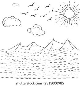 Summer sunset tropical beach line art vector illustration, hand drawn sunset and sunrise outline landscape tropical beach, palm tree with sunset waves Nature view, Kids drawing Beach coloring pages 
