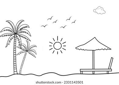 

Summer sunset tropical beach line art vector illustration, hand drawn sunset and sunrise outline landscape tropical beach, palm tree with sunset waves Nature view, Kids drawing Beach coloring pages
