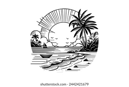 Summer sunset tropical beach line art vector illustration, hand drawn sunset and sunrise outline landscape tropical beach, palm tree with sunset waves Nature view,