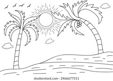 
Summer sunset tropical beach line art vector illustration, hand drawn sunset and sunrise outline landscape tropical beach, palm tree with sunset waves Nature view, Kids drawing Beach coloring pages