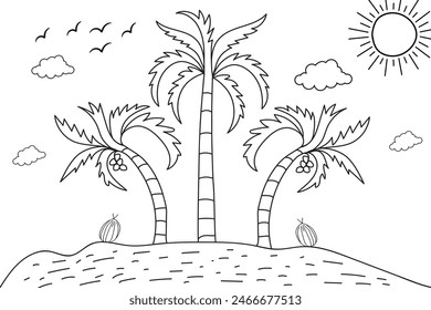 
Summer sunset tropical beach line art vector illustration, hand drawn sunset and sunrise outline landscape tropical beach, palm tree with sunset waves Nature view, Kids drawing Beach coloring pages