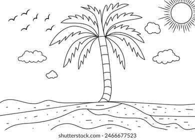 
Summer sunset tropical beach line art vector illustration, hand drawn sunset and sunrise outline landscape tropical beach, palm tree with sunset waves Nature view, Kids drawing Beach coloring pages