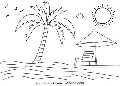 
Summer sunset tropical beach line art vector illustration, hand drawn sunset and sunrise outline landscape tropical beach, palm tree with sunset waves Nature view, Kids drawing Beach coloring pages