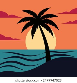 Ilustración vectorial de arte de la línea de playa tropical del atardecer del verano, puesta de sol dibujada a mano y puesta del sol contornean la playa tropical, palmera con las olas del atardecer Naturaleza