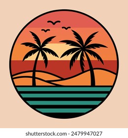 Summer sunset tropical beach line art vector illustration, hand drawn sunset and sunrise outline landscape tropical beach, palm tree with sunset waves Nature