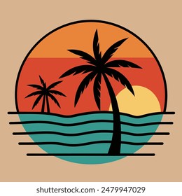 Ilustración vectorial de arte de la línea de playa tropical del atardecer del verano, puesta de sol dibujada a mano y puesta del sol contornean la playa tropical, palmera con las olas del atardecer Naturaleza