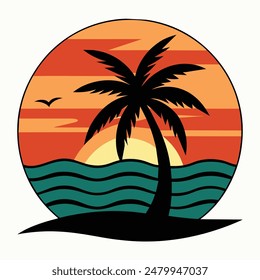 Summer sunset tropical beach line art vector illustration, hand drawn sunset and sunrise outline landscape tropical beach, palm tree with sunset waves Nature