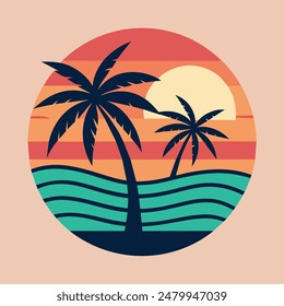 Summer sunset tropical beach line art vector illustration, hand drawn sunset and sunrise outline landscape tropical beach, palm tree with sunset waves Nature