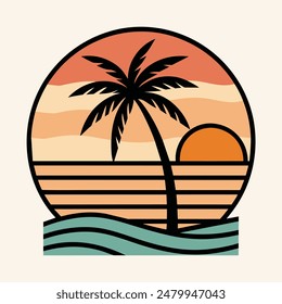 Ilustración vectorial de arte de la línea de playa tropical del atardecer del verano, puesta de sol dibujada a mano y puesta del sol contornean la playa tropical, palmera con las olas del atardecer Naturaleza