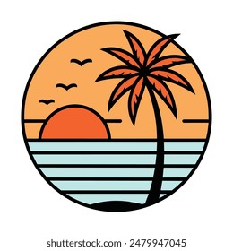 Summer sunset tropical beach line art vector illustration, hand drawn sunset and sunrise outline landscape tropical beach, palm tree with sunset waves Nature