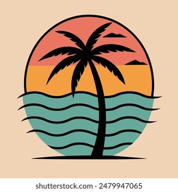 Summer sunset tropical beach line art vector illustration, hand drawn sunset and sunrise outline landscape tropical beach, palm tree with sunset waves Nature