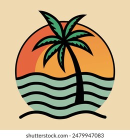 Summer sunset tropical beach line art vector illustration, hand drawn sunset and sunrise outline landscape tropical beach, palm tree with sunset waves Nature