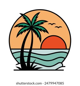 Ilustración vectorial de arte de la línea de playa tropical del atardecer del verano, puesta de sol dibujada a mano y puesta del sol contornean la playa tropical, palmera con las olas del atardecer Naturaleza