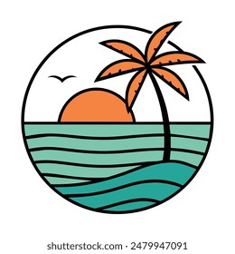Summer sunset tropical beach line art vector illustration, hand drawn sunset and sunrise outline landscape tropical beach, palm tree with sunset waves Nature