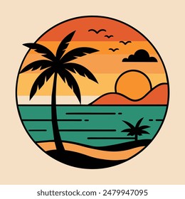 Summer sunset tropical beach line art vector illustration, hand drawn sunset and sunrise outline landscape tropical beach, palm tree with sunset waves Nature