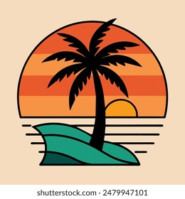 Summer sunset tropical beach line art vector illustration, hand drawn sunset and sunrise outline landscape tropical beach, palm tree with sunset waves Nature