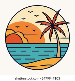 Sommer Sonnenuntergang Tropische Strandlinie Kunst Vektorillustration, handgezeichneter Sonnenuntergang und Sonnenaufgang Umriss Landschaft Tropischer Strand, Palme mit Sonnenuntergang Wellen Natur