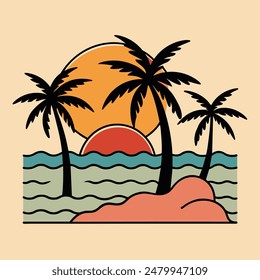 Summer sunset tropical beach line art vector illustration, hand drawn sunset and sunrise outline landscape tropical beach, palm tree with sunset waves Nature